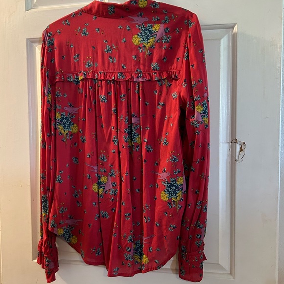 Anthropologie Red Floral Button-Down Shirt with Yellow and Blue Accents - Picture 2 of 2